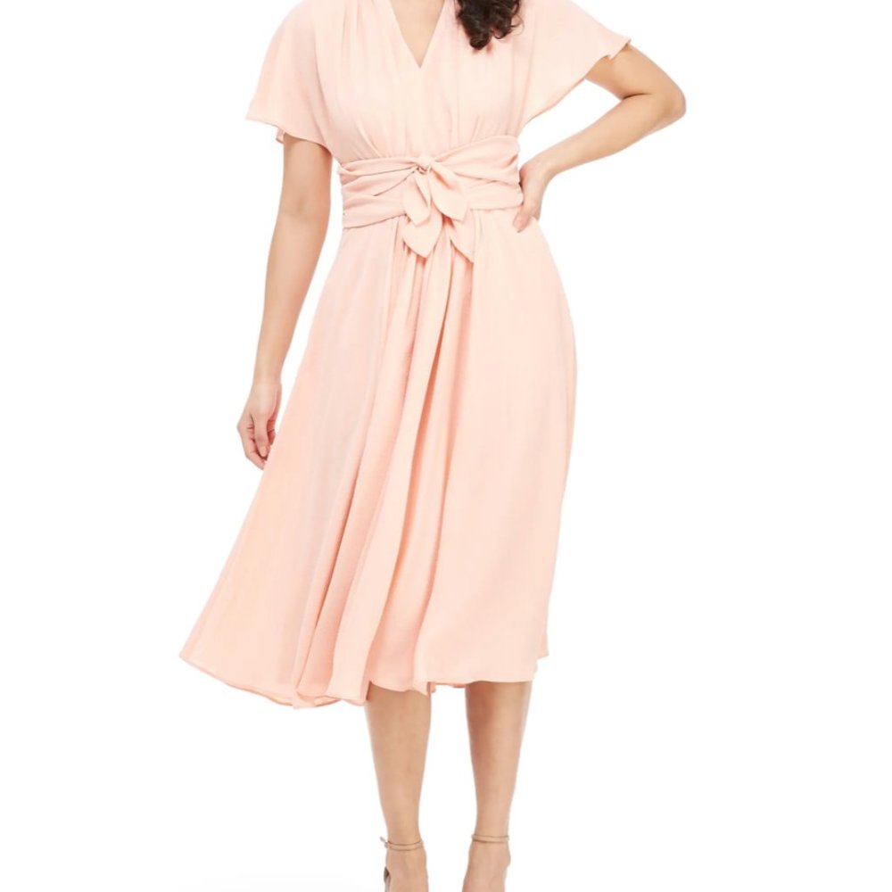Gal Meets Glam Jane Midi Blush/Coral Tie Waist Dress - Size 4